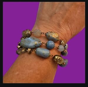 3/$30 Faux Turquoise Silver Beaded Chunky Layered Torsade Bracelet